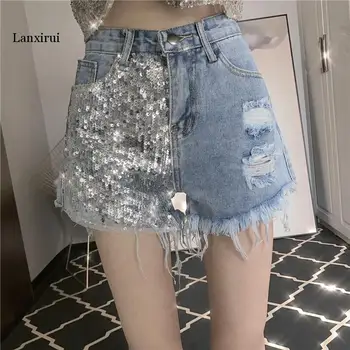 

New Spring Summer Fashion Women's Shorts Personality Sparkling Sequins Patchwork Denim Shorts Tassel Hole Students Shorts