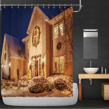 

Holiday Decorated Home at Evening with mas ing Shower Curtain,Fluffy Snow Bathroom Decor Set with Hooks,72''W x 72''H