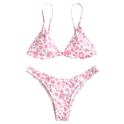 Pink Print Push Up Bikin Swimwear Women Leopard Push Up Padded Bra Beach Bikini Set Swimsuit Beachwear Tankini