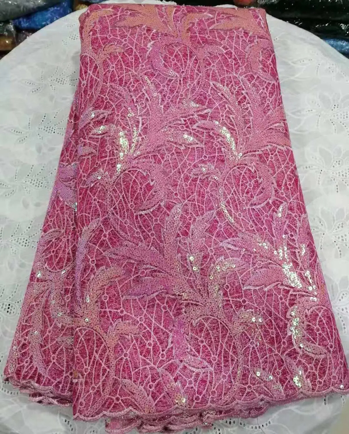 Высококачественная африканская кружевная ткань детская розовая бархатная французская сетчатая вышивка Тюлевое кружево с пайетками ткань для нигерийских вечерние платья - Цвет: 1