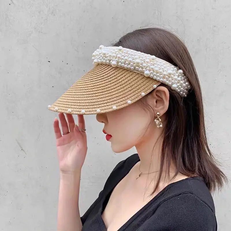 Adjustable Wide Brim Straw Hat With Pearls With Imitation Pearl