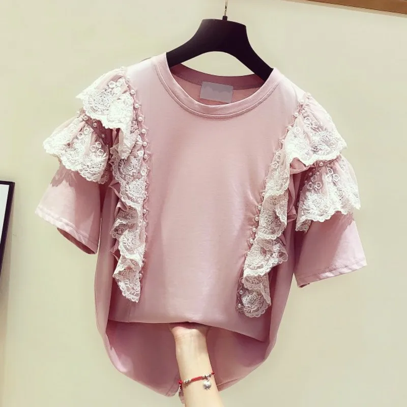 

White Pink Tshirt Woman 2020 Spring Summer New Korean Style Stitching Lace Beaded Ruffle Round Neck Short Sleeve Loose T-shirt T
