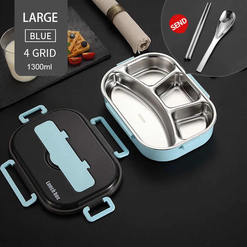 1300ml 4 Grid Blue Японский детский Ланч-бокс 304 из нержавеющей стали Bento Ланч-бокс с отсеком посуда для микроволновой печи контейнер для еды - Цвет: 1300ml 4 Grid Blue