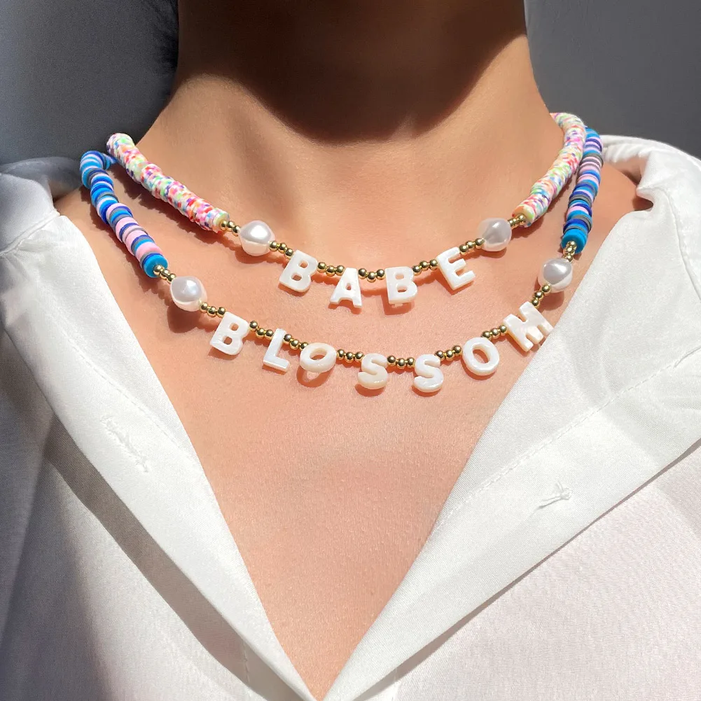 Personalized Letter Name Pearl Shell Beaded Choker Necklace For Women Custom Initial Alphabet Polymer Clay Bead Necklace Jewelry coat hanger shape acrylic earring display stand polymer clay soft pottery earrings holders tabletop jewelry display organizers