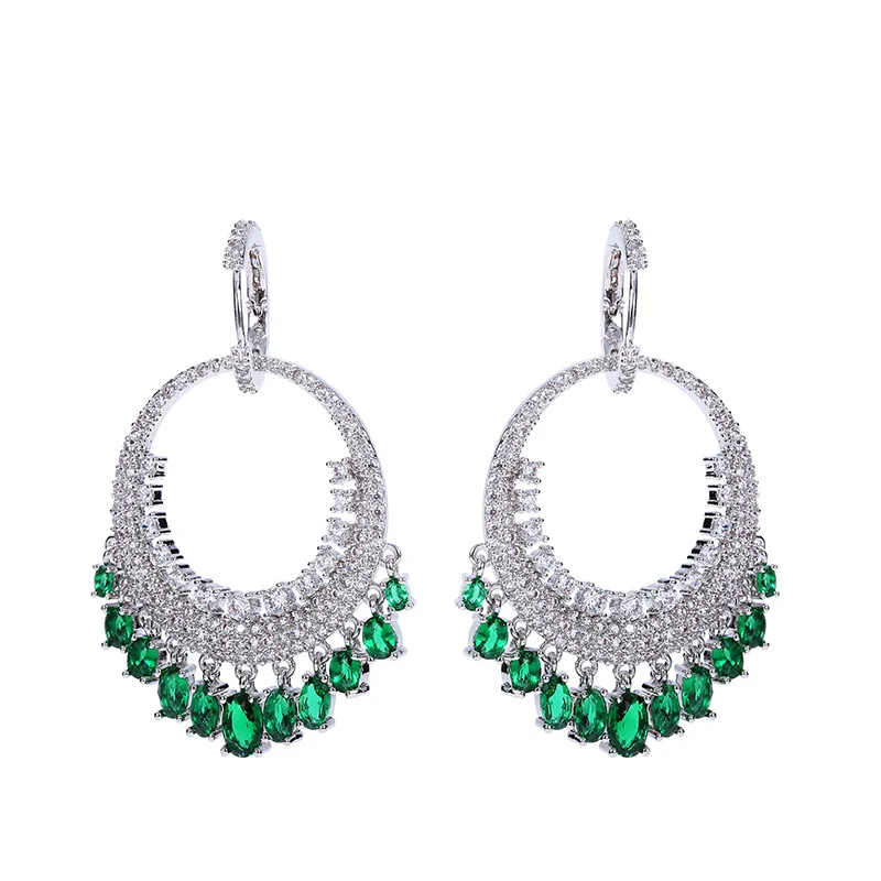 Fashion Big Round Ethnic Dangling Drop Earrings for Women Green Clear CZ Wedding Dress Accessories Pendientes Mujer | Украшения и