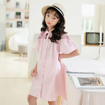 

Children Lace Patchwork Blouse Dresses Teenage Girls Summer 2020 Petal Sleeve Hollowed-out Ruffles Shirts Dress Kids Clothing