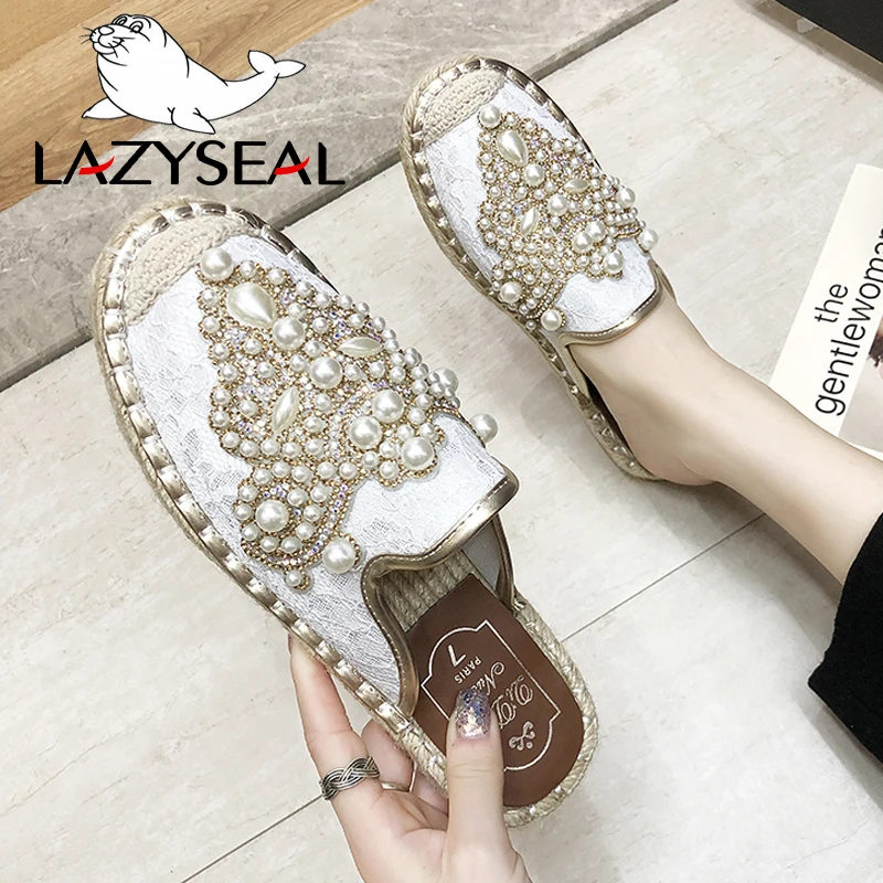 Женские мюли LazySeal хлопковые туфли с бусинами плоская подошва жемчуг пенька