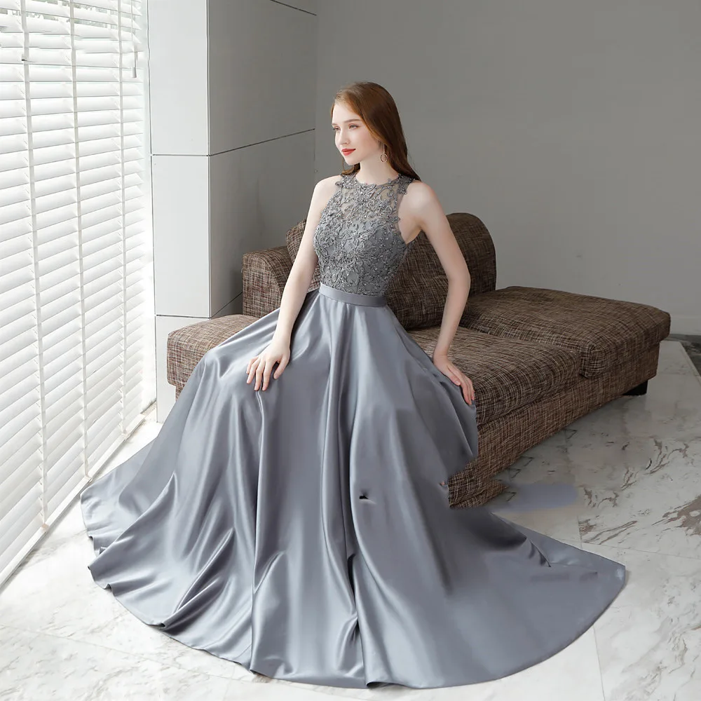 

O-Neck Gray Satin Evening Gowns Pearls Beading Long Prom Dresses Lace Appliques Formal Party Robe De Soiree