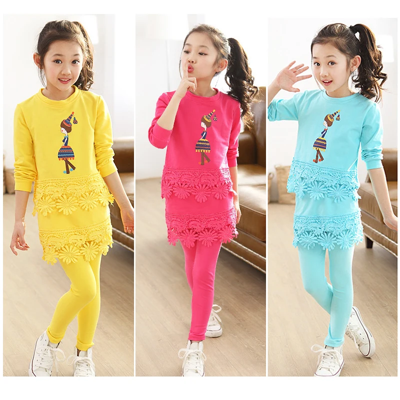 

Clothing Sets Kids Teenage Big Girls Autumn Spring Cartoon Lace Long Sleeve Shirt + Pants for Baby Girls Age 4 6 8 10 clothes