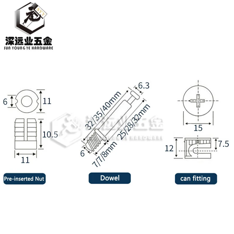 10Sets Furniture Side Connecting 40mm 35mm 32mm Cam Fitting Dowel Pre-inserted Nut Furniture Hardware Fitting 3 in 1