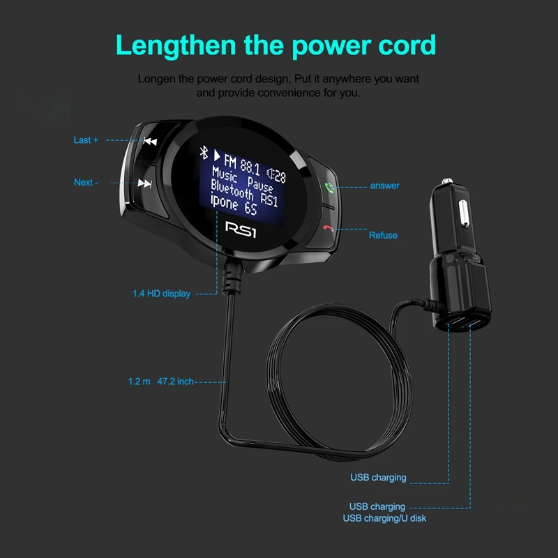 RS1 FM передатчик Bluetooth автомобильный комплект MP3-плеер светодиодный двойной USB 3.1A автомобильное зарядное устройство, автомобильный Bluetooth MP3-плеер большой дисплей