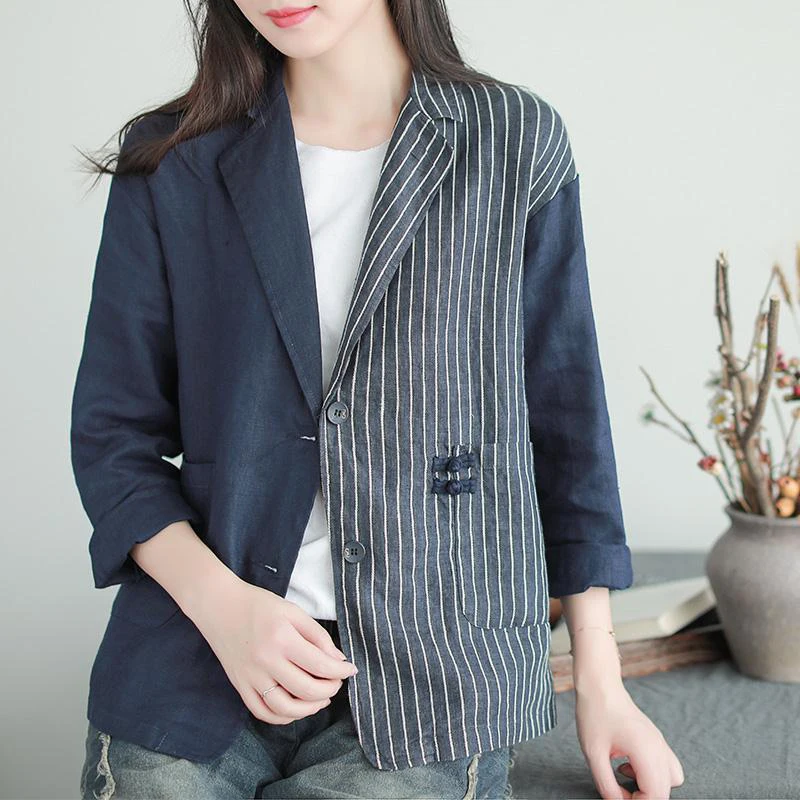 New  Autumn New Arts Style Women Long Sleeve stripe Patchwork Cotton Linen Button Vintage Jackets all-ma
