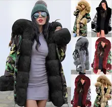 

Long Hooded Camouflage Coat Women's Parka Jacket Warm Solid Color Winter Plush Fur Collars Overcoat