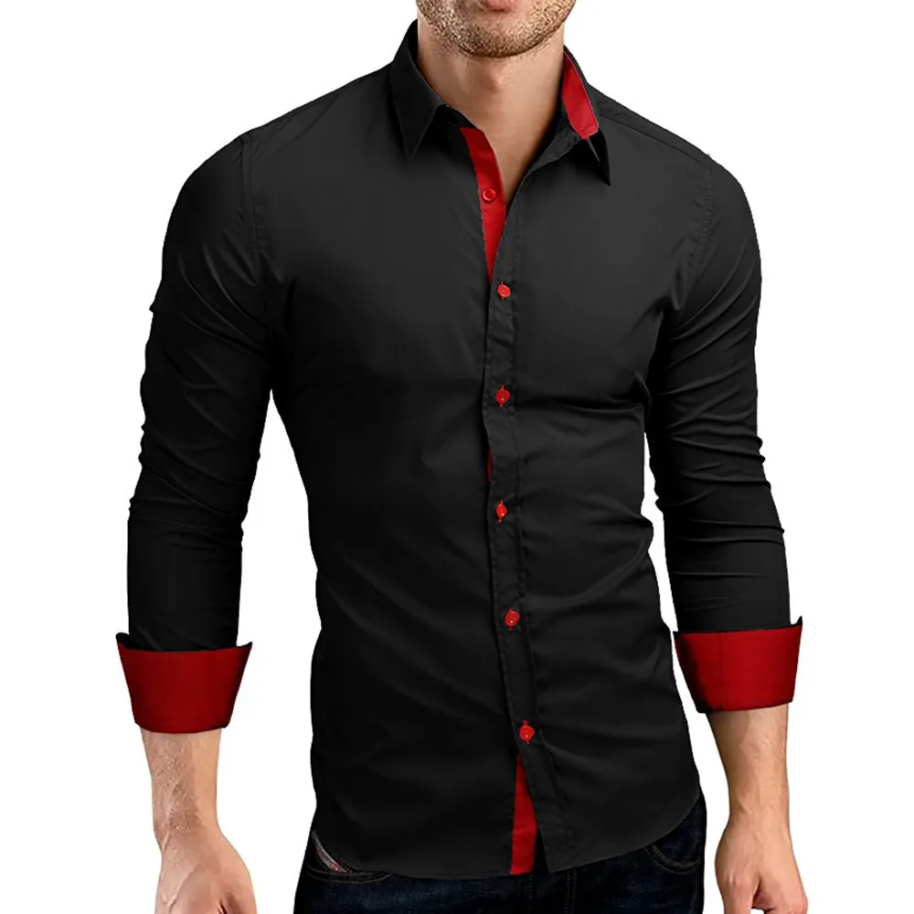 Men's Shirt Men Autumn Casual Formal Solid Slim Fit Long Sleeve Dress Shirt Top Blouse Fashion Formal high quality Men Shirt New - Цвет: Black