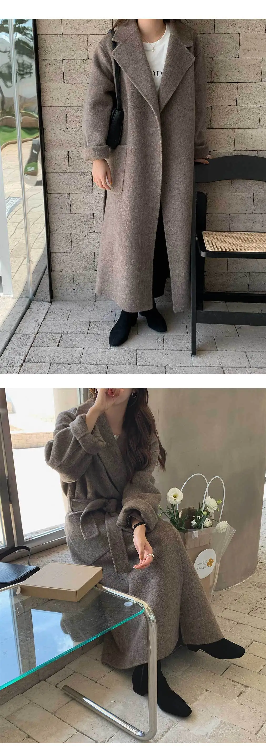 long down coat womens 2021 Korean Winter Handmade Double-Sided Bathrobe Lacing Belt Long Rabbit Hair Blended Wool Coat Women Loose Woolen Overcoat black down jacket