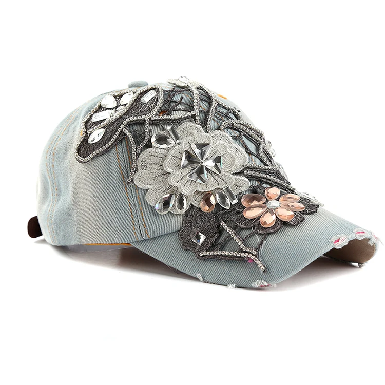 

LVTZJ New Spring Vintage Denim Baseball Caps Snapback Hat Floral Summer Cap Rhinestone Hip Hop Cap For Women Grinding Multicolor