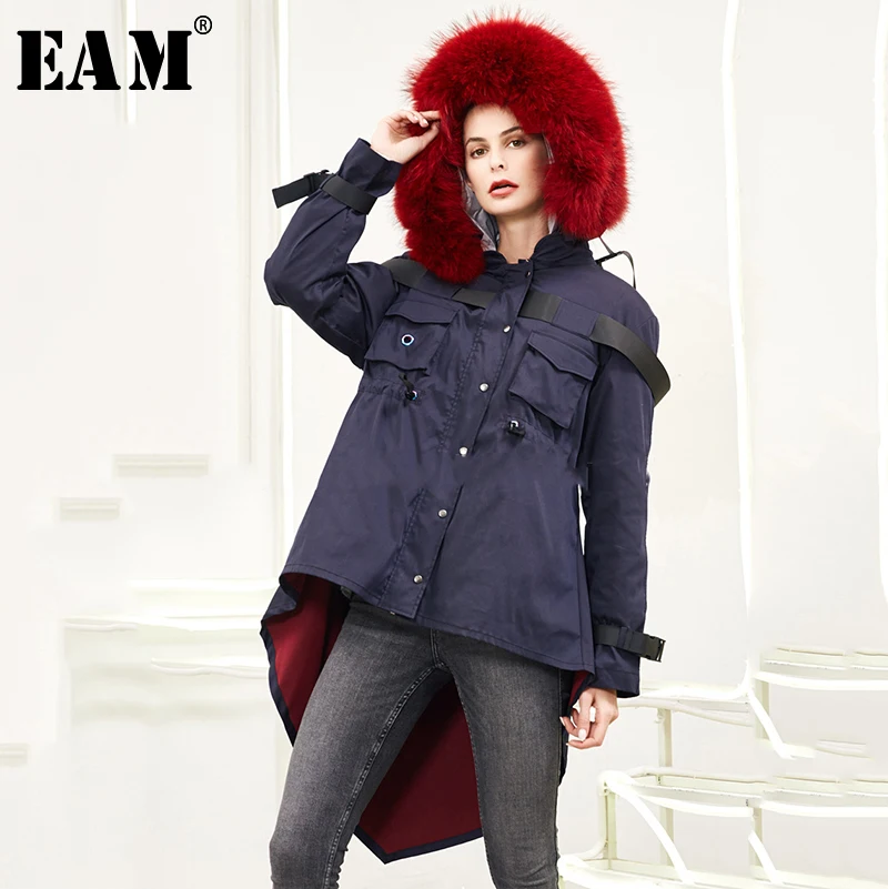 

[EAM] Loose Fit Down Strap Spliced Back Long Jacket New Hooded Long Sleeve Warm Women Parkas Fashion Autumn Winter 2019 1A376