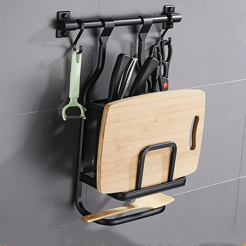 Black Stainless Aluminum Alloy Kicthen Wall Mounted Storage Rack Spice Shelf Chopping Board Holder Cutlery Container Organizer