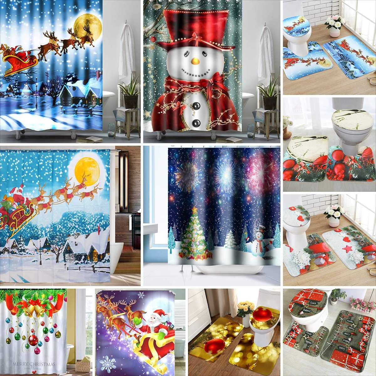 

Merry Christmas Bathroom set Snowman Santa Father Bell Elk Pattern Waterproof Shower Curtain Toilet Cover Mat Non Slip Rug