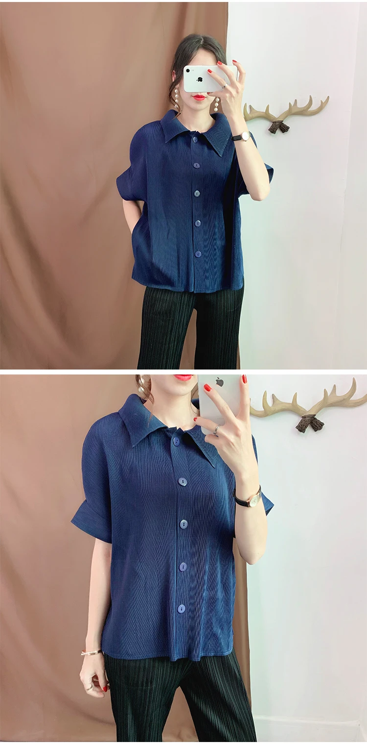 Женская мода плюс размерные куртки офисные женские Miyake плиссированные Короткие рукава пальто однотонный отложной воротник однобортные свободные топы