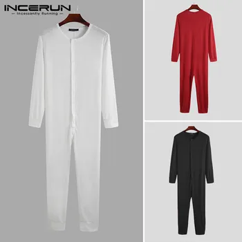 

Leisure Mens Summer Pajamas Jumpsuit Solid Nightwear Long Sleeve Button Sleepwear O Neck Fitness Homewear Rompers INCERUN S-5XL