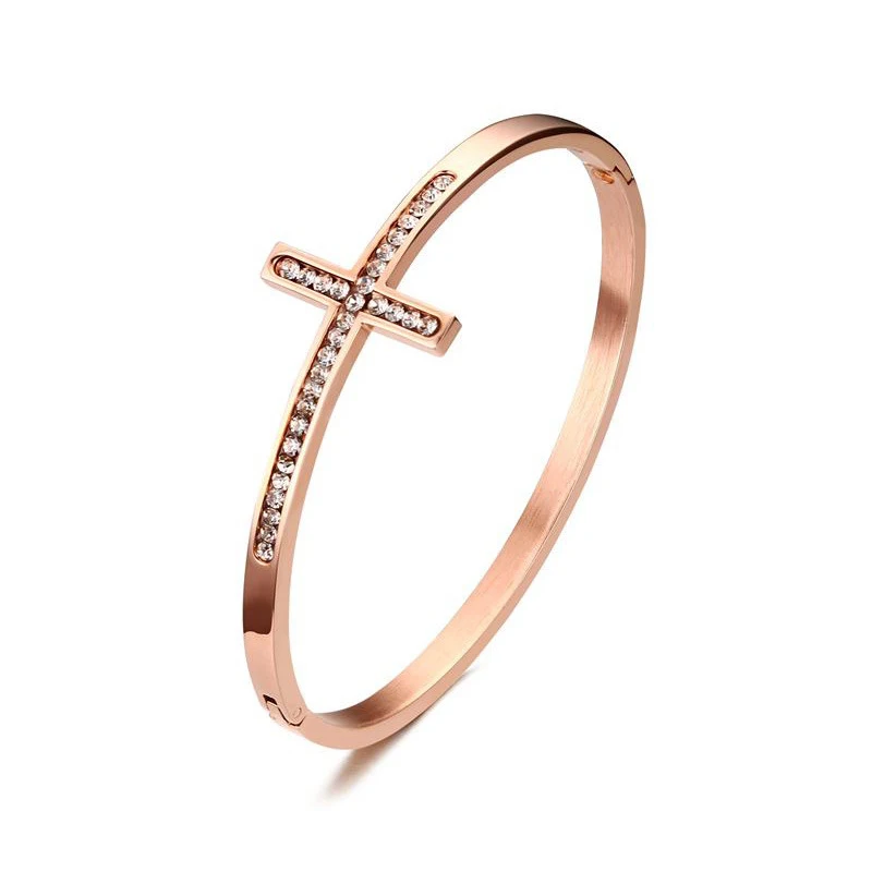 WENDYFO, Новое поступление, женский браслет из розового золота, браслет с крестом, стразы, нержавеющая сталь, христианские браслеты, ювелирное изделие, подарок