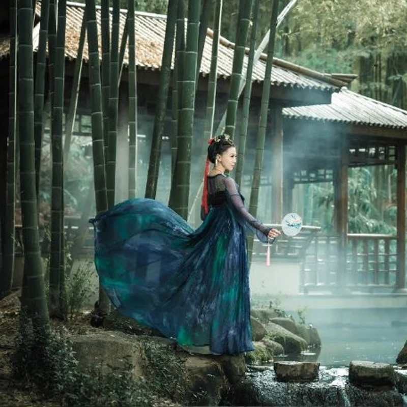 Костюм Hanfu Женский старинный Сказочный синий китайский традиционный народный костюм для танцев китайский женский длинный халат DQL1684