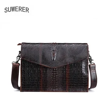 

SUWERER NEW Genuine Leather men's bag casual real cowhide shoulder messenger bag crocodile pattern business briefcase