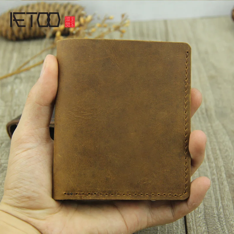 

AETOO Handmade mad horse leather vertical wallet, cowhide mini coin wallet, men's retro short wallet