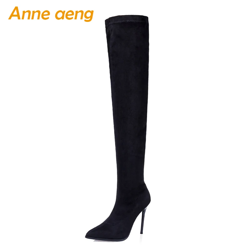 

2019 New Autumn Women Over-The-Knee Boots High Thin Heel Pointed Toe Solid Elastic Flock Sexy Ladies Women Shoes Black Boots