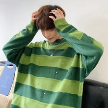 Autumn New Striped Sweater Men Fashion Contrast Color Casual Knit Sweter Man Streetwear Loose Hip Hop Hole Pullover Men Clothes Autumn New Striped Sweater Men Fashion Contrast Color Casual Knit Sweter Man Streetwear Loose Hip Hop Hole Pullover Men Clothes