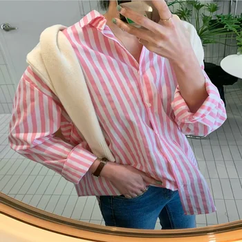 

LANMREM 2020 New Spring Summer Lapel Single Breasted Stripe Shirt Women Korea Loose Temperament Big Size Cotton Blouse PD913