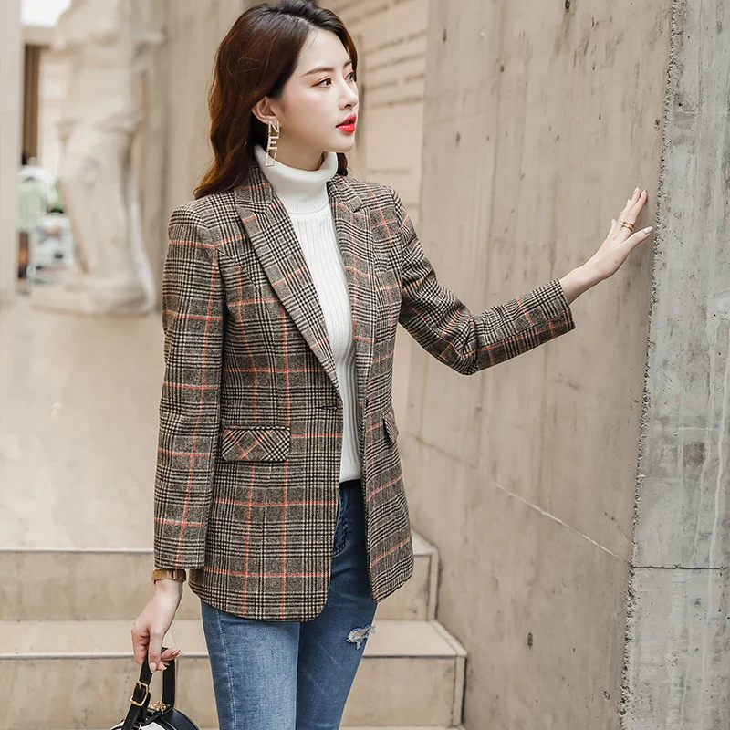 Goede Lenshin Vintage Engeland Stijl Hoogwaardige Plaid Jas Met Zakken Voor Vrouwen Enkele Knop Jas Mode Uitloper Blazer