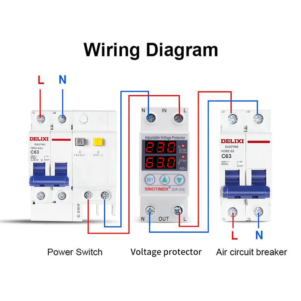 220V or 110V 63A Self-Recovery Over and Under Voltage Protector Relay with Double LED Voltage Current Monitor Voltmeter Din Rail