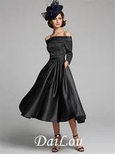A-Line Mother of the Bride Dress Plus Size Sexy Off Shoulder Tea Length Satin 3/4 Length Sleeve with Lace Sash / Ribbon 2021