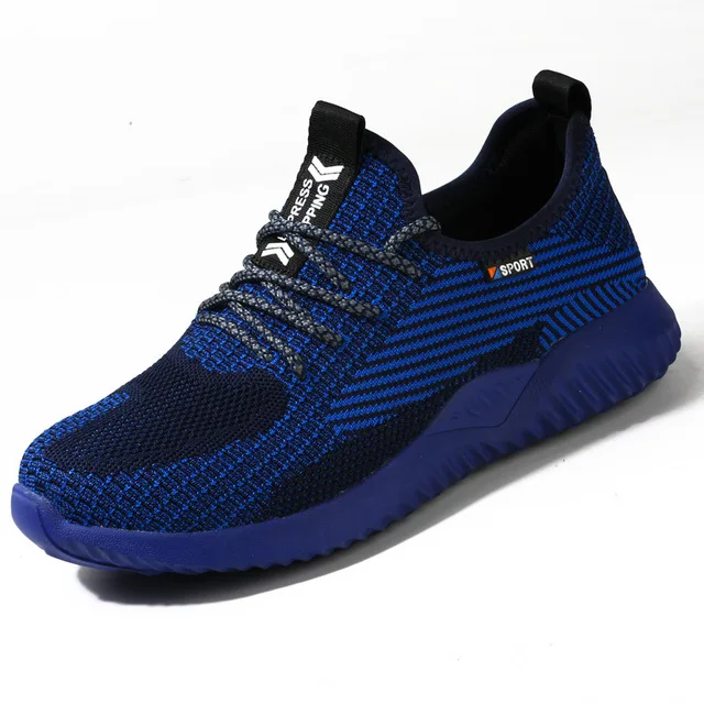 Синий Safety shoes indestructible men's shoes fly woven breathable steel toe caps anti-puncture rubber outsole non-slip work shoes - Цвет: Синий