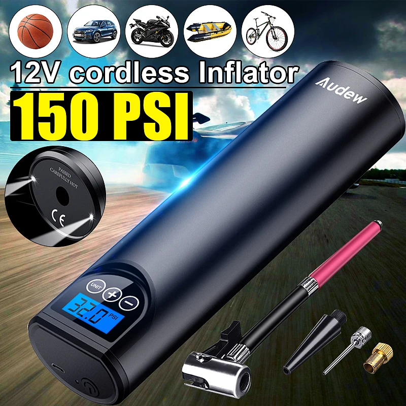 Comprar Audew 12V 150PSI USB inalámbrico compresor de aire portátil LCD de mano bomba inflable para bicicletas de coche neumáticos bolas anillos de natación