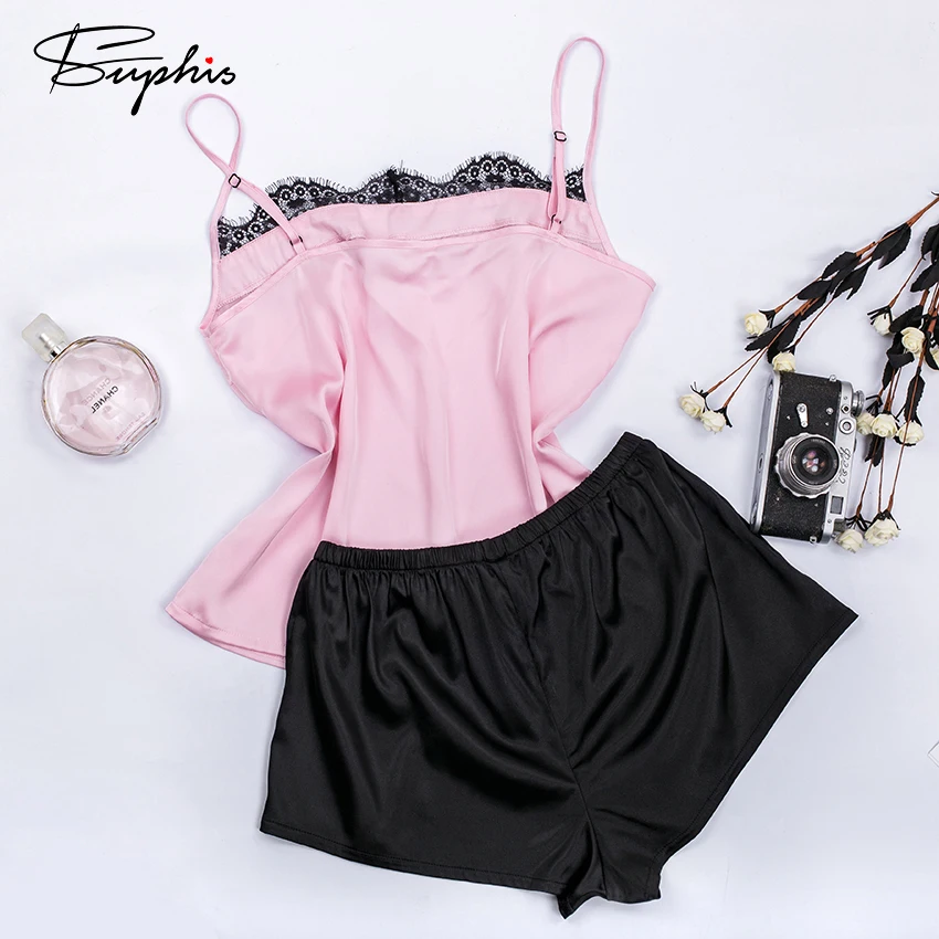 Пижама женская атласная с цветочным кружевом на бретельках|Комплекты пижам| |