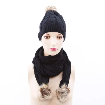 

Winter Hats For Women Knitted Two-Piece Girl Solid Color Warm Wool Hats Scarves Suit Female Wool Pompon Scarf