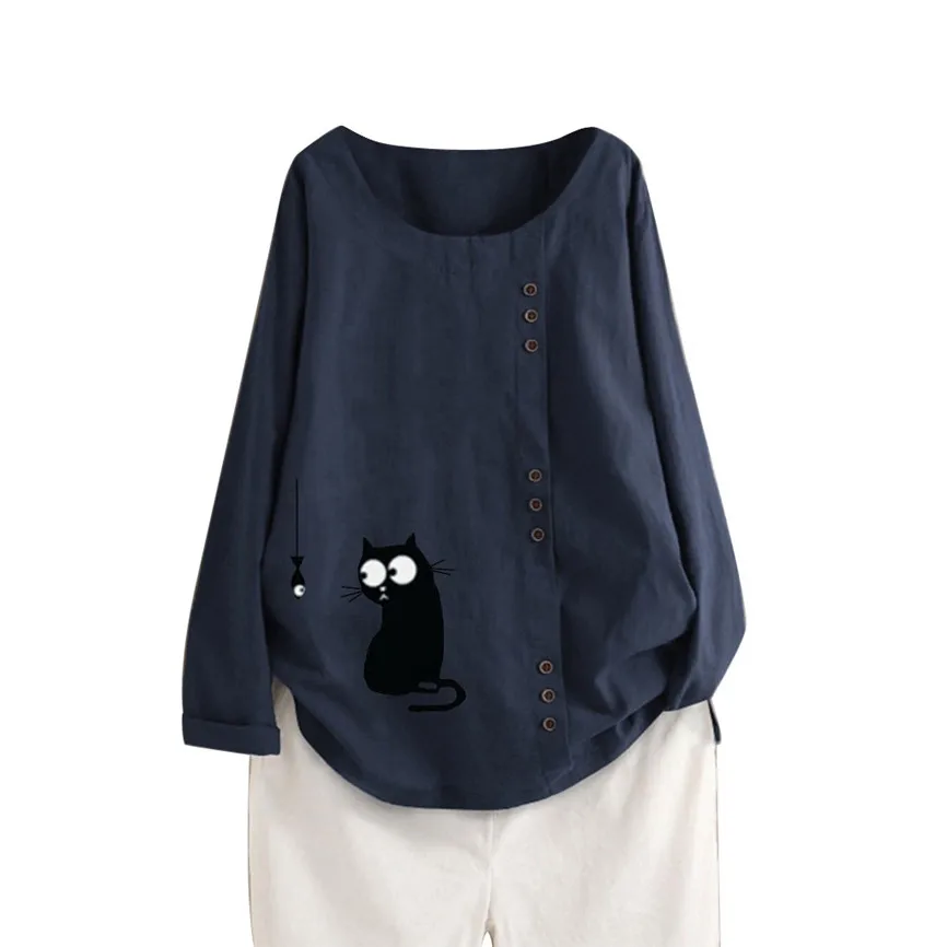 Navy Plus Size Autumn Fashion Linen Cat Printed Blouse Casual Buttons Loose O-Neck Top Female Women Long Sleeve Shirt Blusa Pullover - Цвет: Navy
