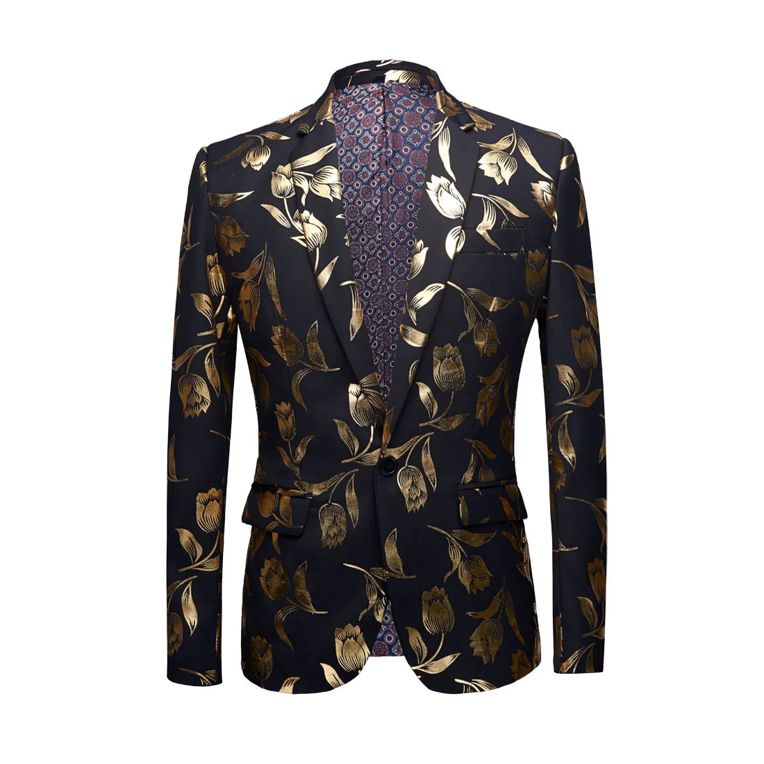 6 flat lapel Aismz Стильный золотой тюльпаны узор Повседневное блейзер мужской костюм куртка в стиле английского джентльмена, свадебные, для жениха Slim Fit модное пальто одежда - Цвет: 6 flat lapel