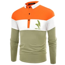 Новинка осени, мужская рубашка поло с длинными рукавами и отворотом, Мужская модная повседневная хлопковая рубашка поло с принтом перьев