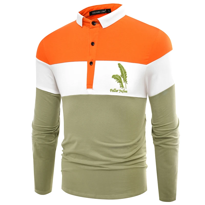 

2019 autumn new men's color matching lapel long sleeve polo shirt men's fashion feather print cotton casual polo shirt