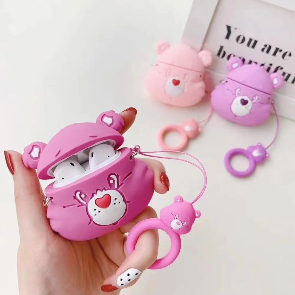 3D милая, с радужным принтом Care Bears металлическая цепочка с подвеской чехол для Apple Airpods 1 2 Беспроводной наушники Карамельный цвет покрытие с медведем