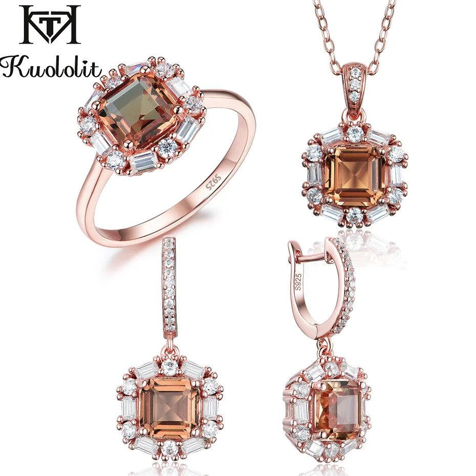 Kuoolit розовое золото 585 пробы, роскошный набор украшений для женщин из настоящего серебра 925 пробы с зултанитом, кольцо, серьги для невесты|Ювелирные наборы|   | АлиЭкспресс