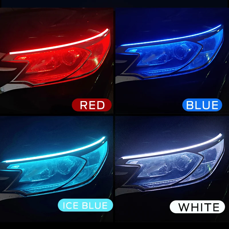 Feux de jour LED DRL pour voiture, bande Flexible et étanche, feux de voiture blancs, clignotants jaunes, feux de freinage, 12V, 2 pièces