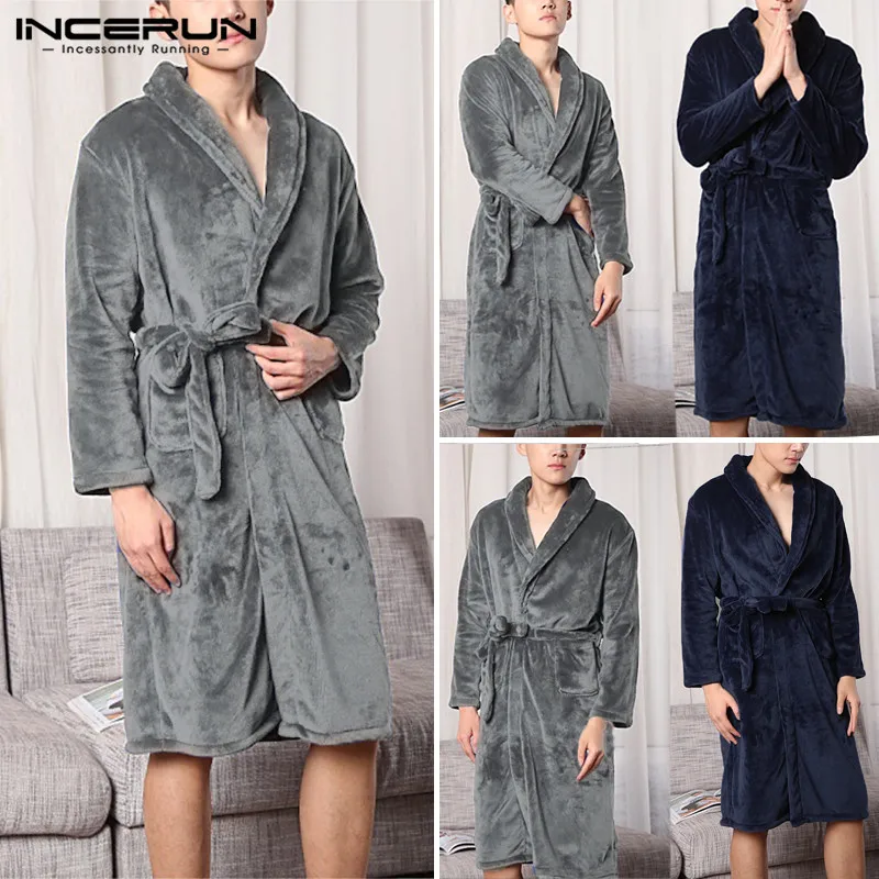 INCERUN фланелевые мужские халаты кимоно с длинными рукавами однотонная плюшевая одежда для сна удобные модные халаты зимние повседневные мужские домашняя одежда