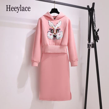 

Autumn long sleeve 2 Piece Set for Women hooded Sweatshirt and long skirt Sets Sportwear Solid Tracksuit Female casual women Set