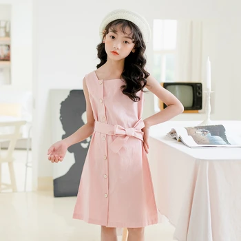 

Kids Dress 2020 Summer Teen Girl Sleeveless Princess Dresses With Belt Children Pink Beige Clothes For 4-16 Yrs Girls Dresses