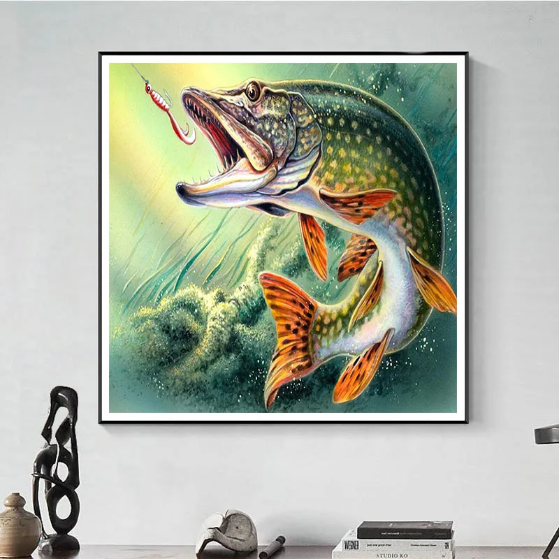

5D DIY Full Circle Diamond Painting Painted Fishing Animal Big Fish Mosaic Embroidery Animal Cross Embroidery Decor